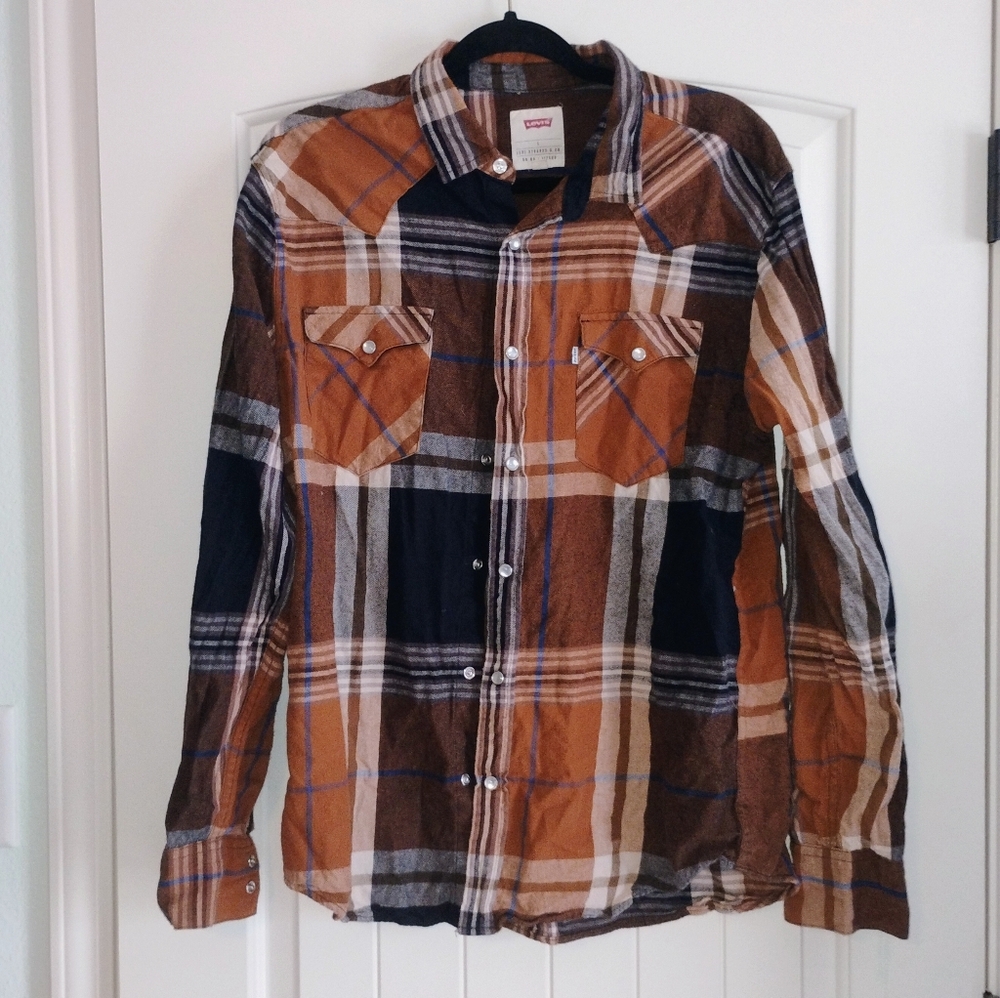 Levi's Men's Button Down Shirt - Brown and Blue Plaid 100% Cotton Sz L Iso